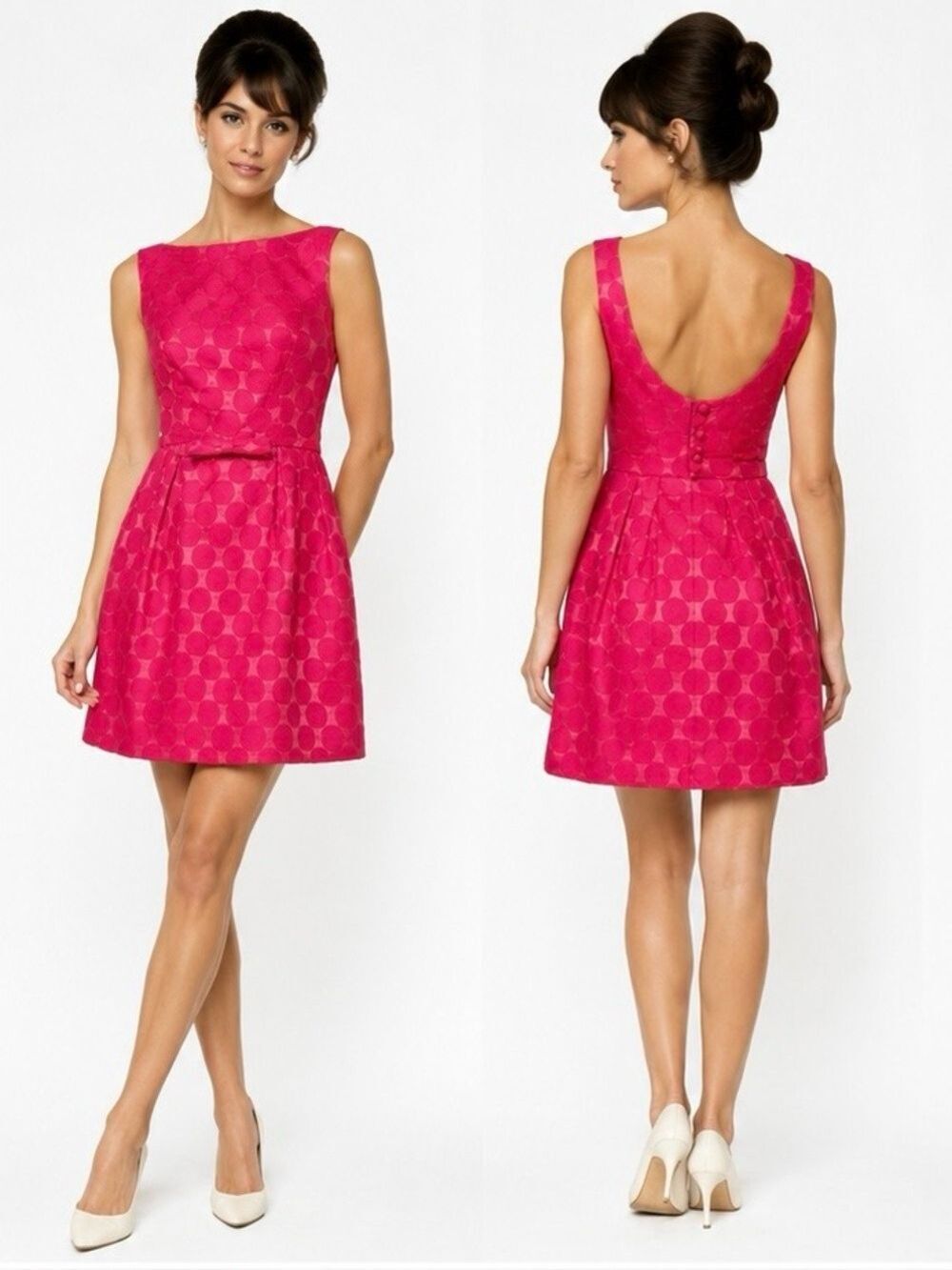 Rare 1960s Lanz Original Hot Pink Polka Dot Jacquard Shift Dress Low Back Sz 5